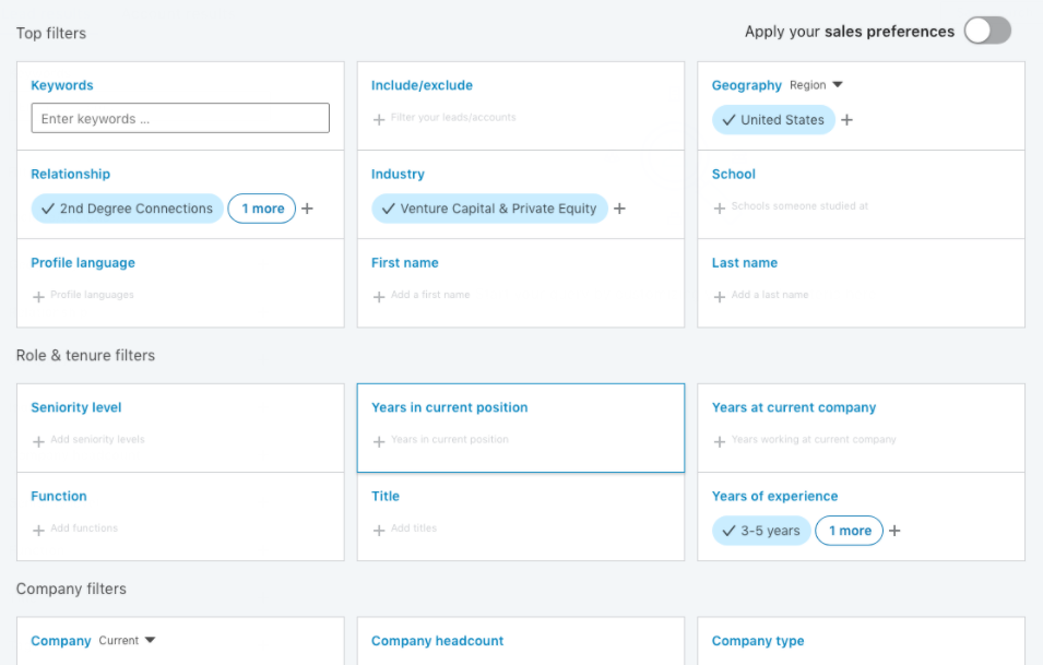 LinkedIn Sales Navigator showing lead prospect filter options.