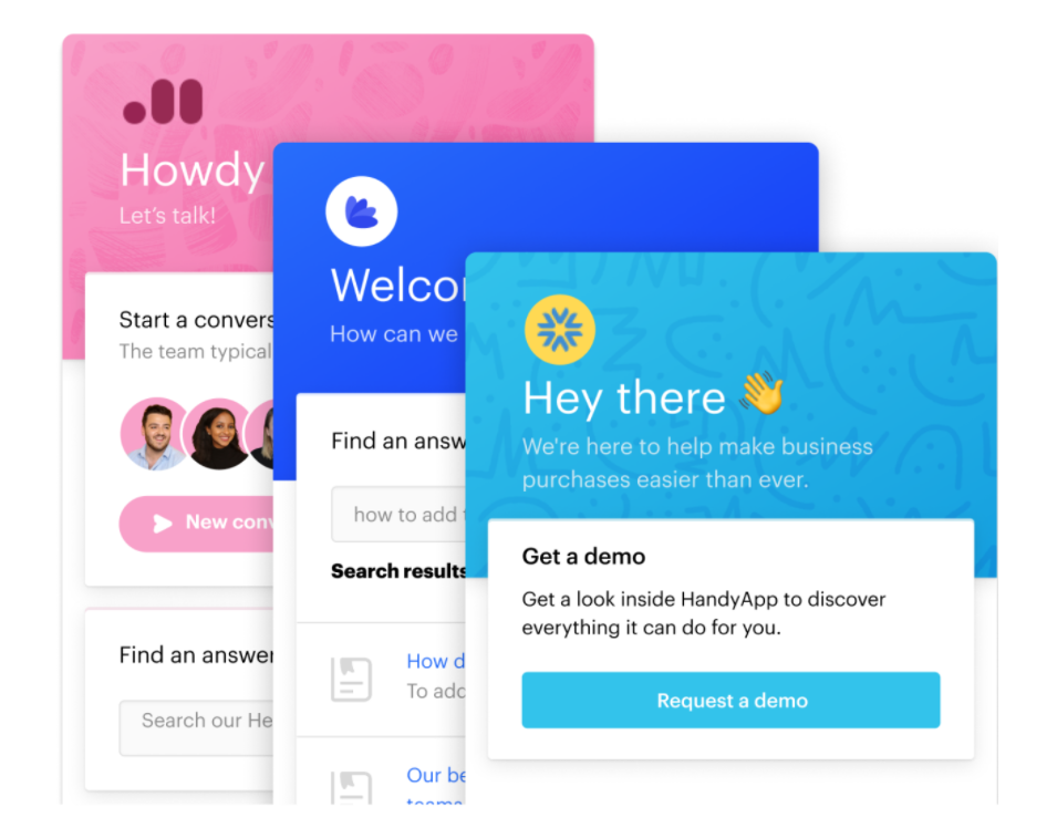 HandyApp interface showcasing various chatbot welcome messages and user engagement prompts.