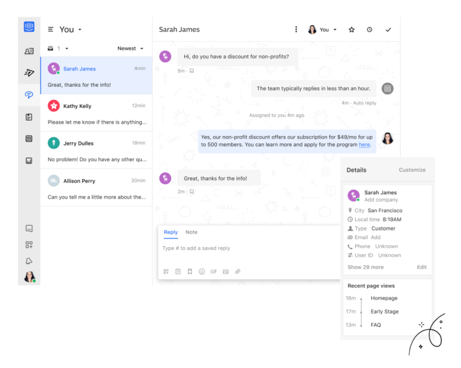 Intercom chat interface showing customer interactions and support details.