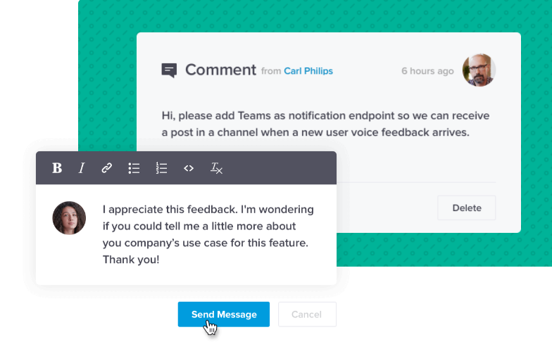 Intercom feedback interface displaying user comments and response options.