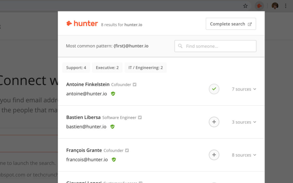 Hunter showing search results for email addresses.