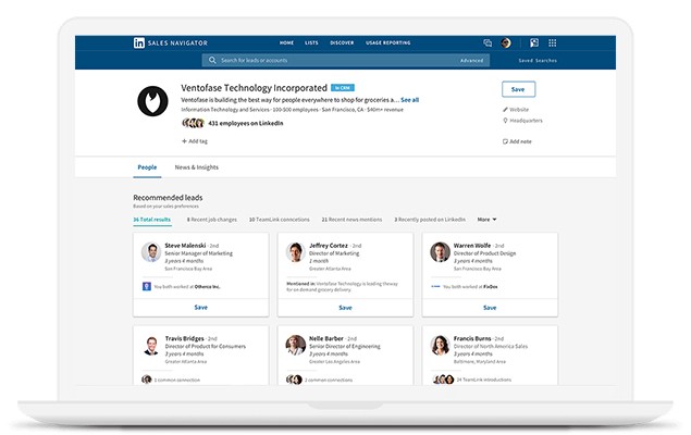 Sales Navigator showing recommended leads for Venotase Technology Incorporated.