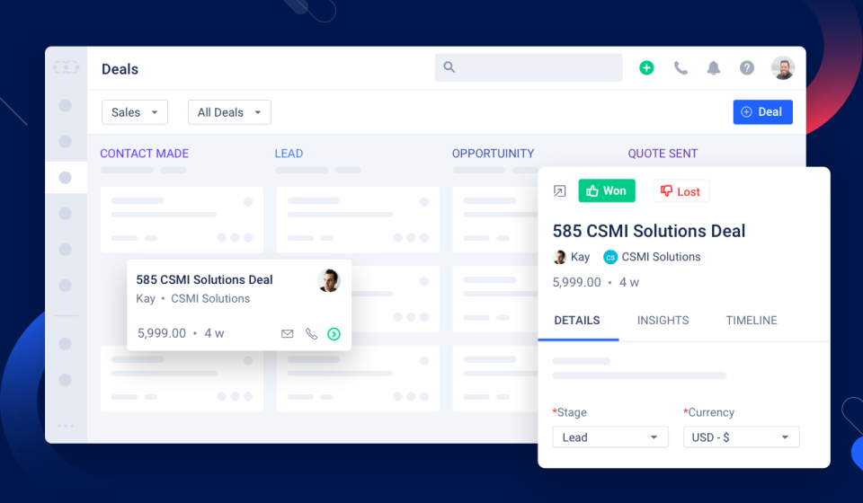 EngageBay deals dashboard displaying sales opportunities and statuses.