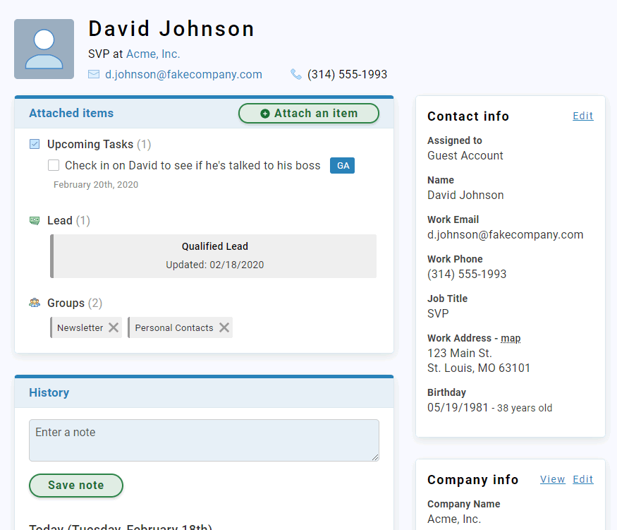 Less Annoying CRM contact management interface displaying user details and tasks.