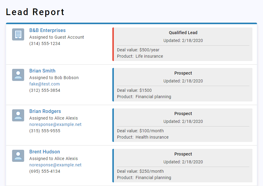 Lead report displaying qualified lead and prospect details with assignments and deal values.