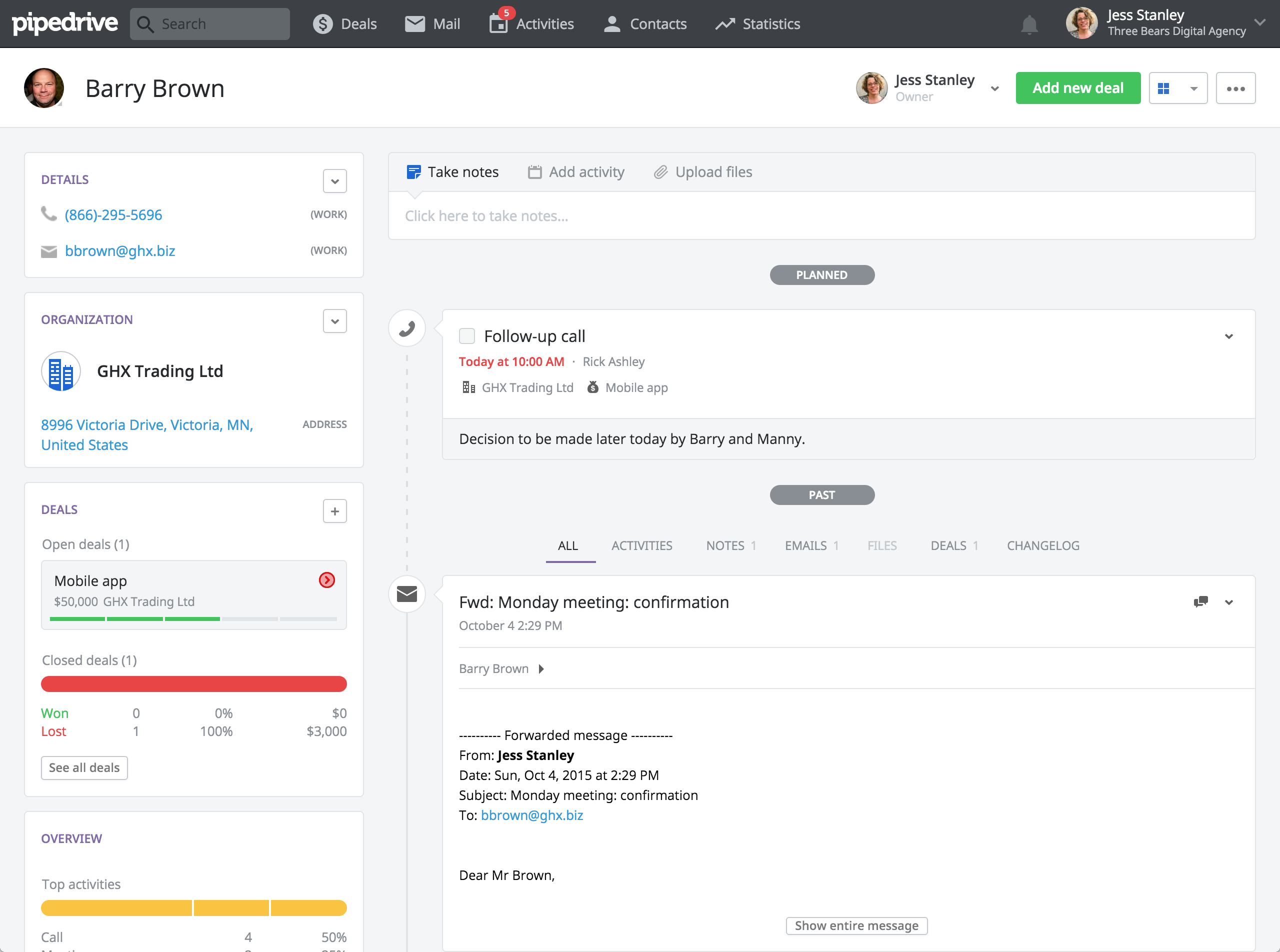 Pipedrive interface showing a user's dashboard and activities.