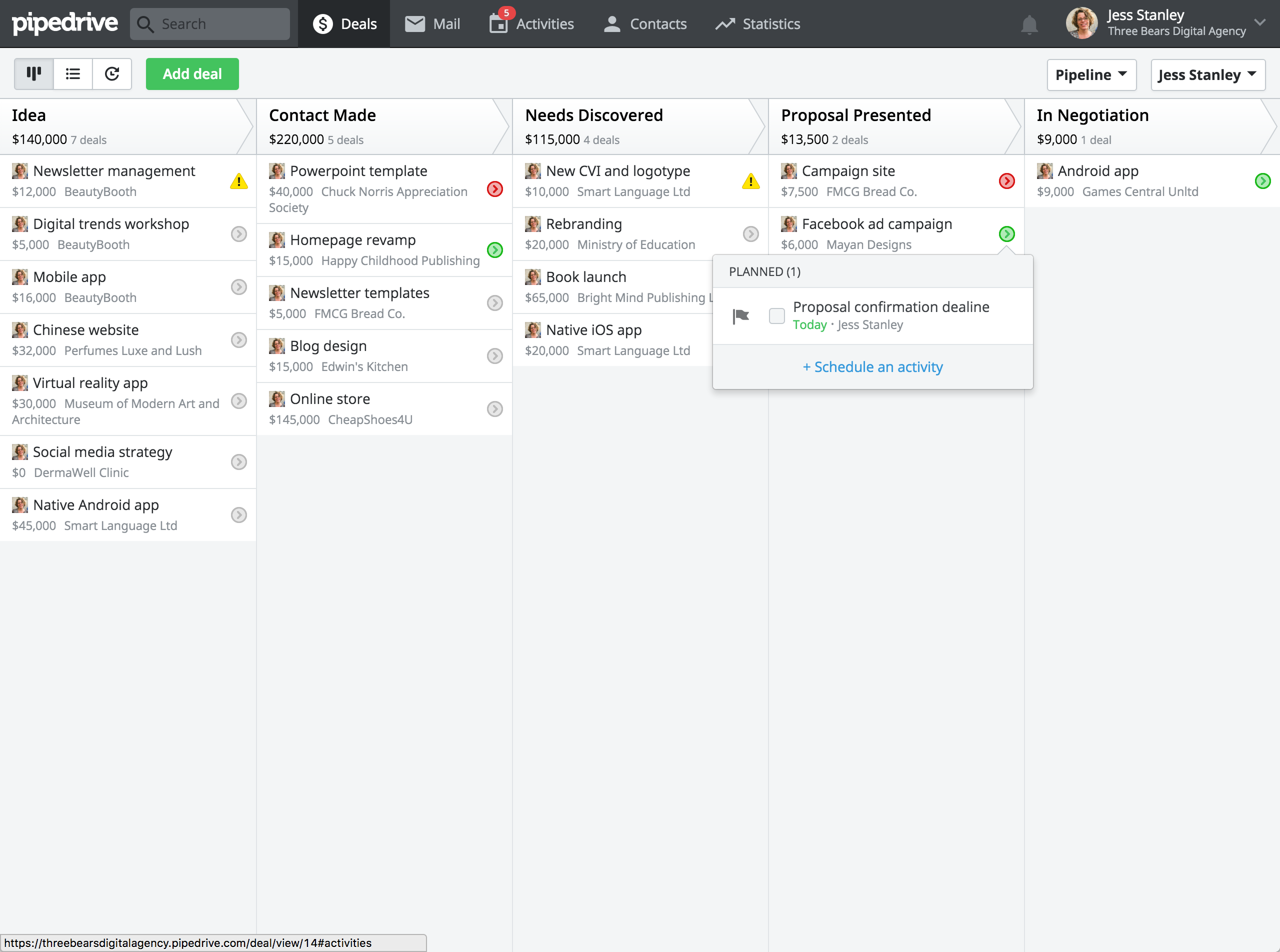 Pipedrive visual pipeline management showing sales deal stages and status.