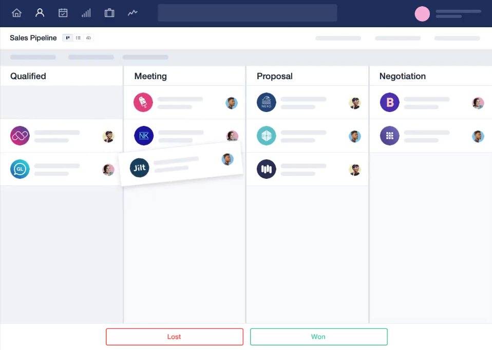 Sales pipeline interface showing stages and drag-and-drop functionality.