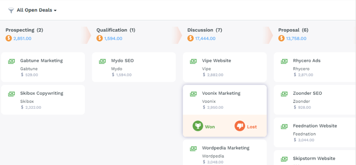 CompanyHub dashboard displaying open deals and their statuses.