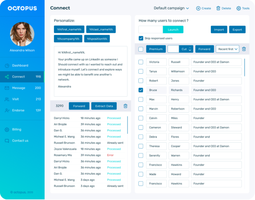 Octopus Connect dashboard showing user connection options and processed contacts.