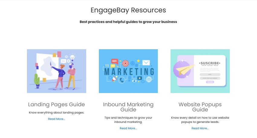 EngageBay Resources overview featuring guides on landing pages, inbound marketing, and website popups.