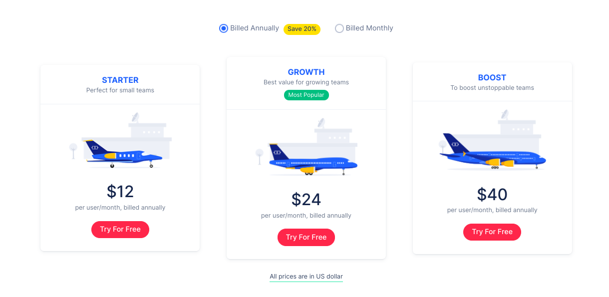 Salesmate pricing plans showing Starter, Growth, and Boost tiers.