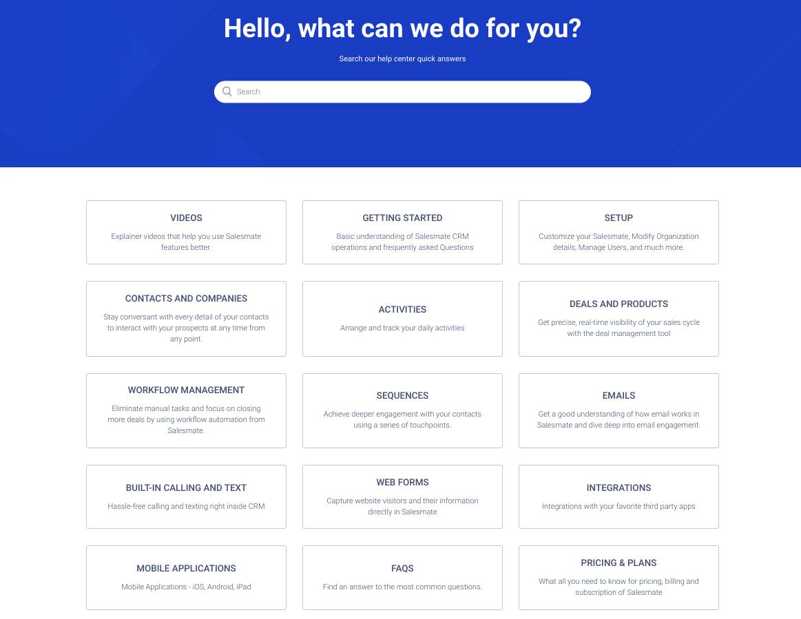 Salesmate help center showing various support topics and resources.