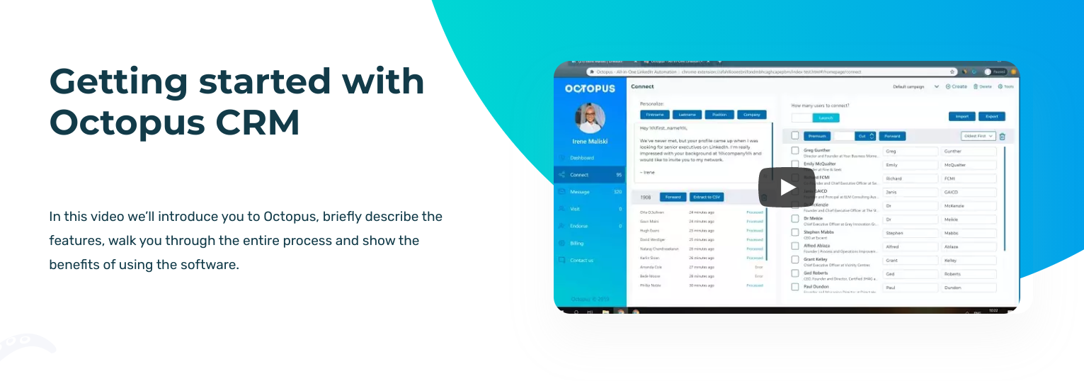 Octopus CRM dashboard showing connection management features.