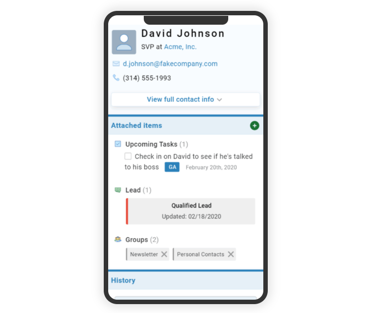 Less Annoying CRM contact profile showing upcoming tasks and lead status.