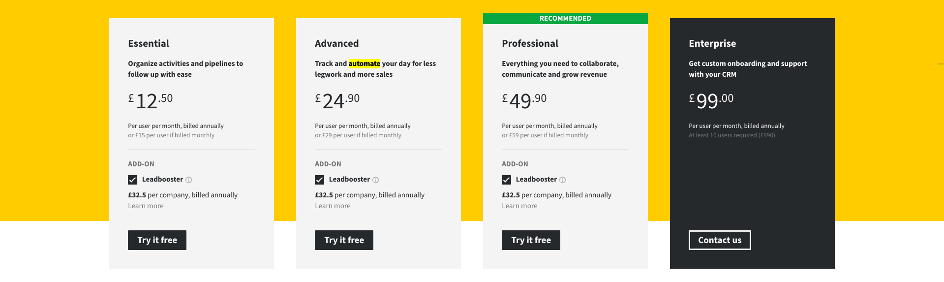 ActiveCampaign pricing plans with features and subscription details.