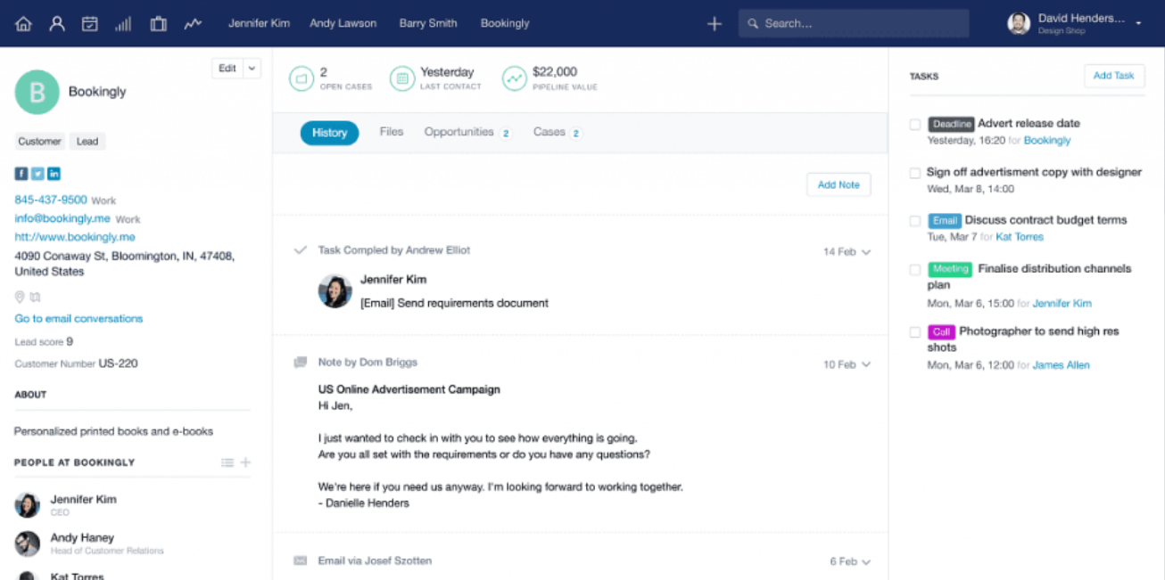 Bookingly interface showing task history and communication details.