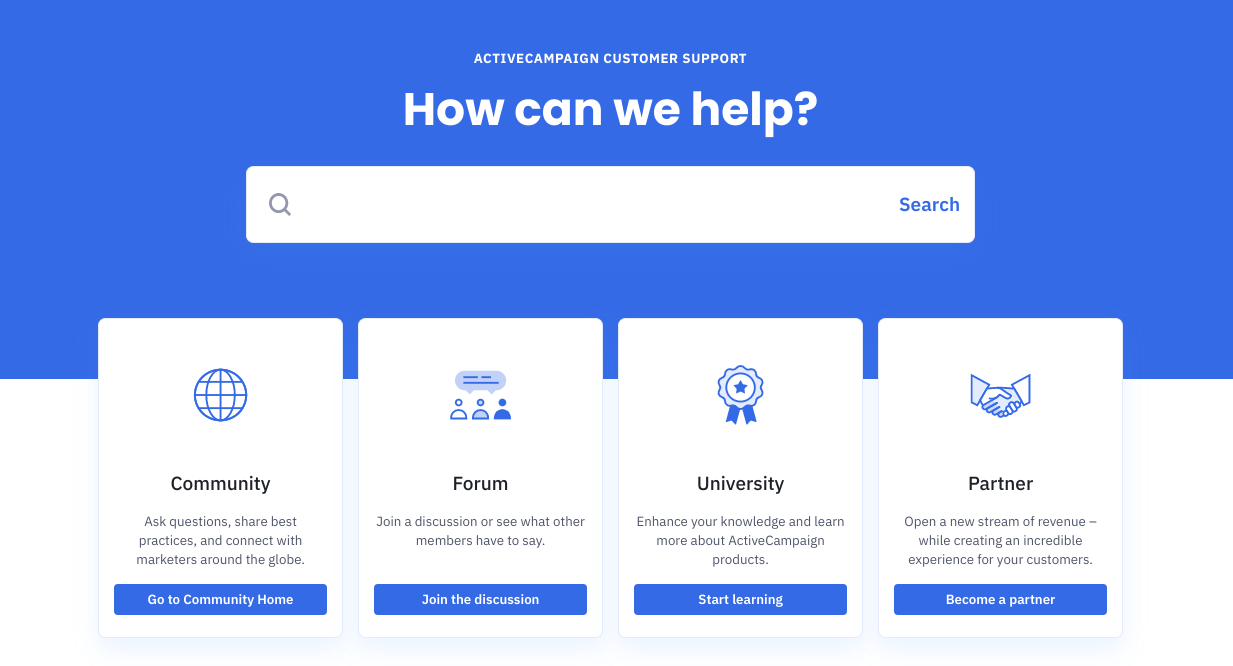 ActiveCampaign customer support page showcasing available resources.