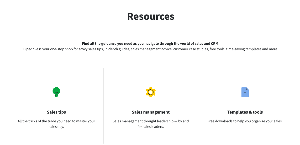 Pipedrive resources section highlighting sales tips, management, and downloadable templates.