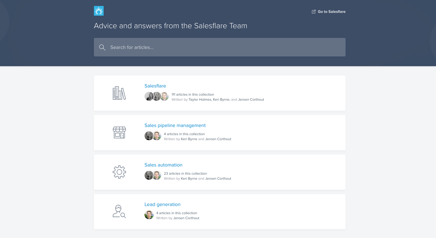 Salesflare knowledge base displaying support articles for various features.