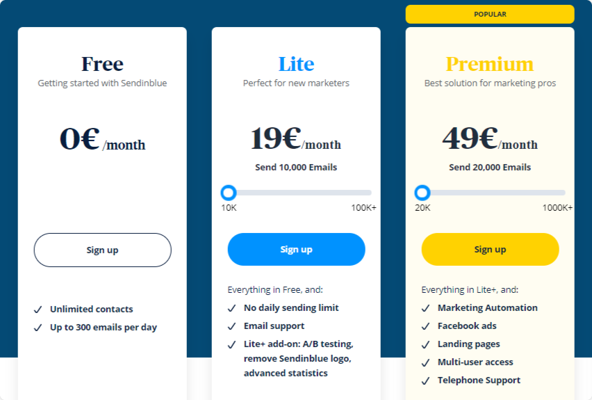 Brevo pricing options showing Free, Lite, and Premium plans.