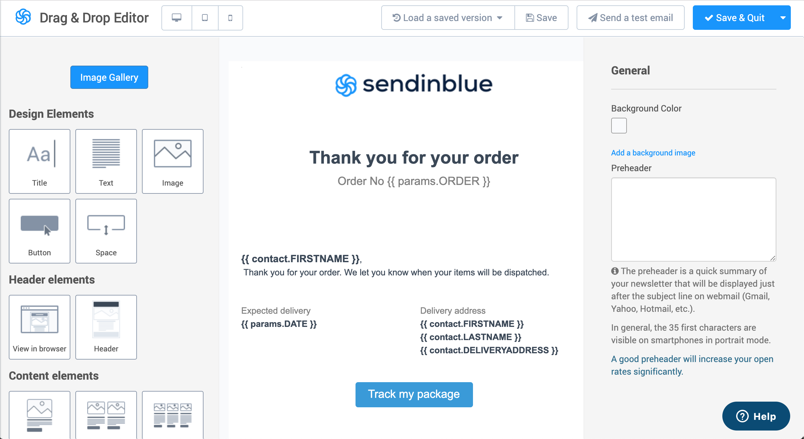 Sendinblue email builder displaying an order confirmation template.