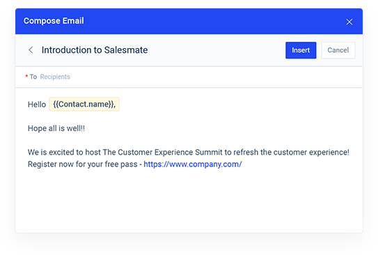 Salesmate email composition interface displaying a template with personalization tags.