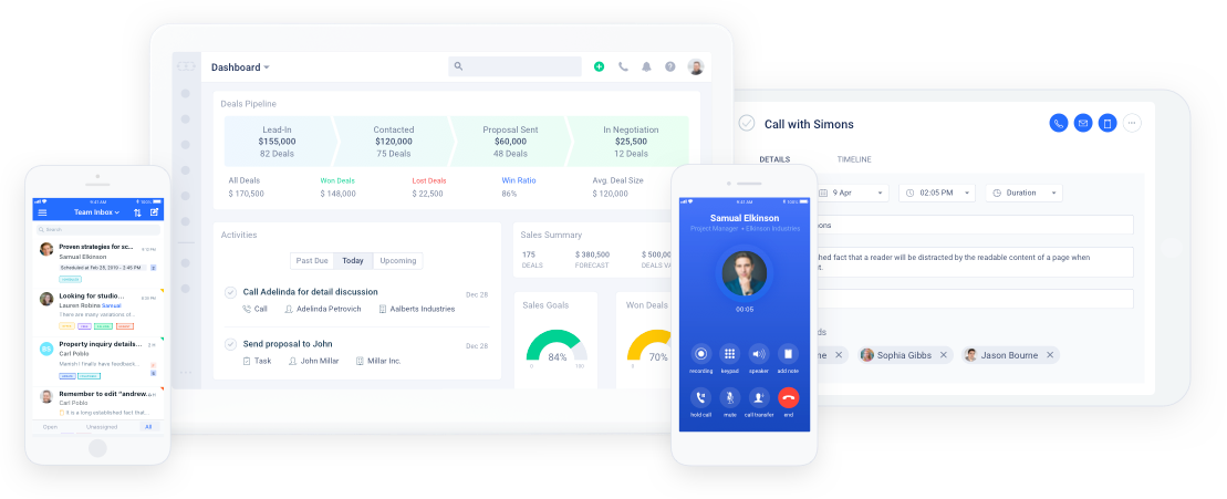Collaborative CRM dashboard showing pipeline metrics and call interface.