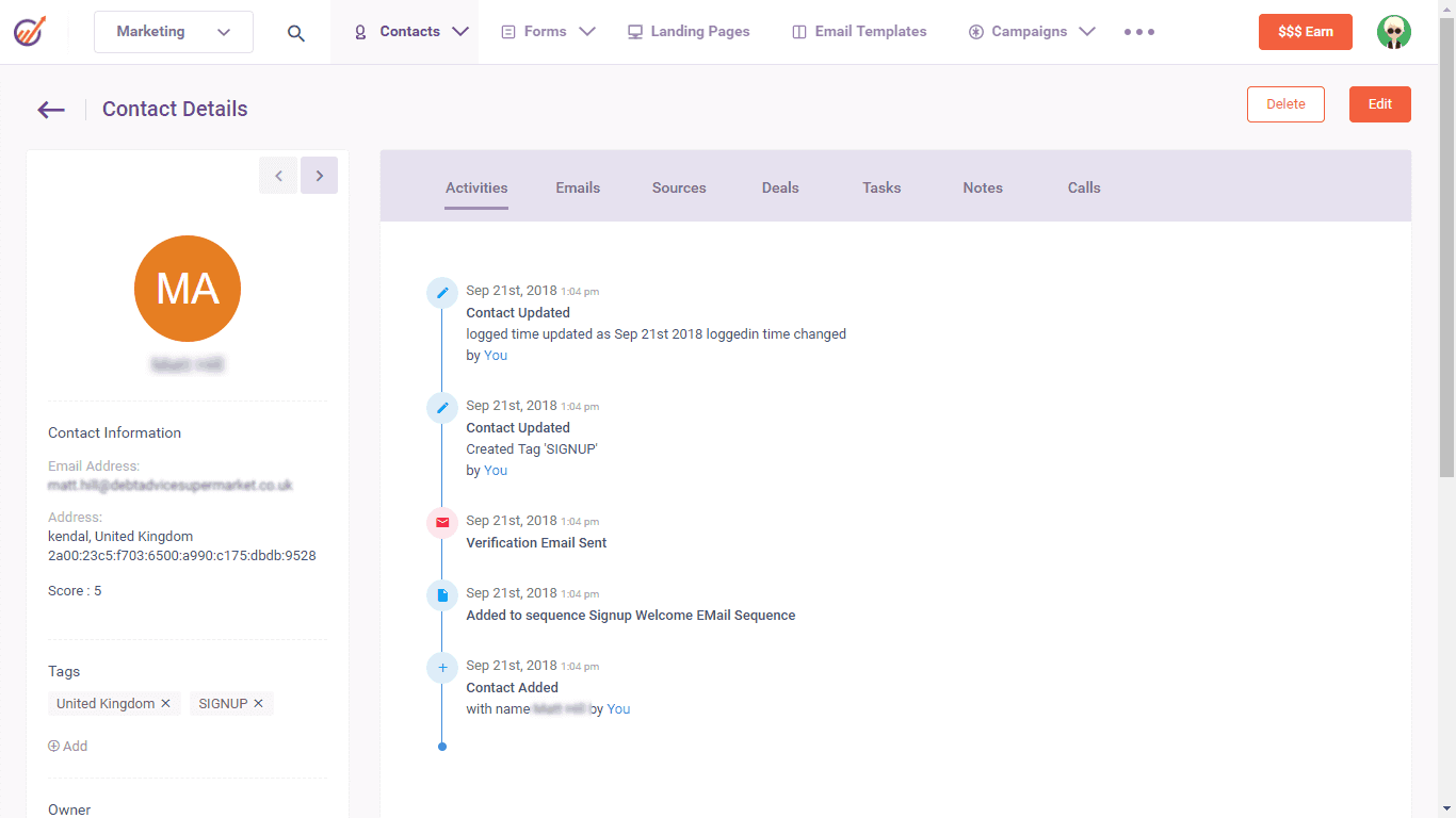 Engage contact details showing activities and email interactions.