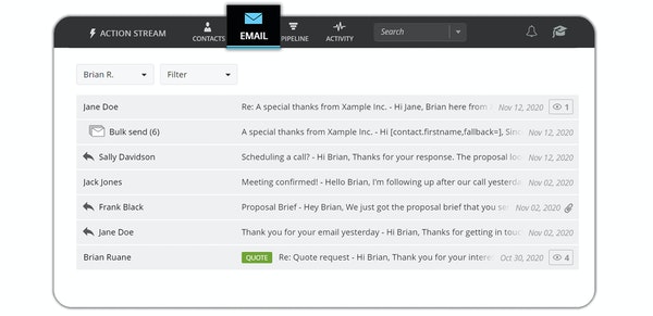OnePageCRM email interface showing messages and responses.