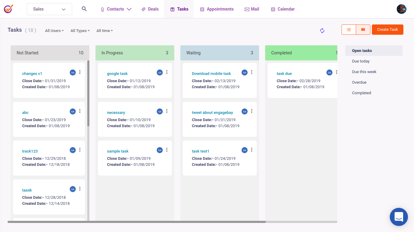 EngageBay task management interface showing task status and progress.