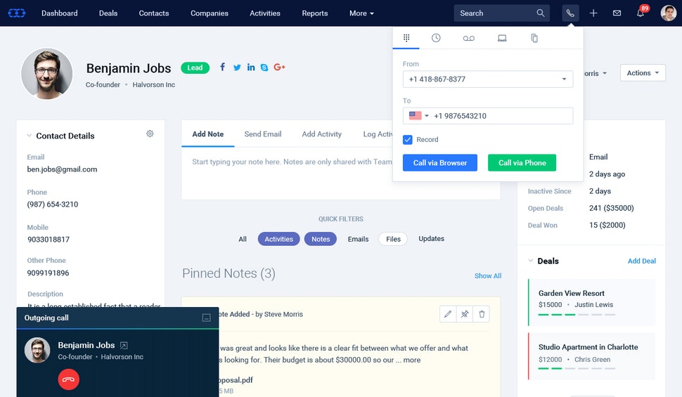 Salesmate dashboard showing contact details and call options.
