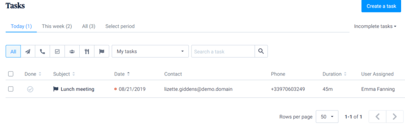 Brevo task management interface showing a list of tasks.