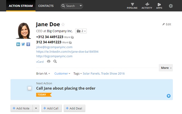 Jane Doe's contact profile in Big Company Inc. showing contact details and next action item.