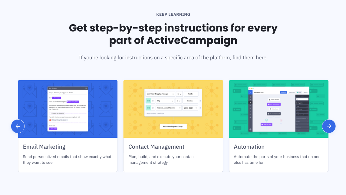 ActiveCampaign interface displaying learning resources for Email Marketing, Contact Management, and Automation.
