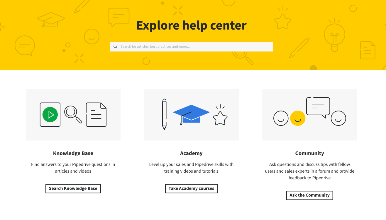 PipeDrive help center overview featuring Knowledge Base, Academy, and Community sections.