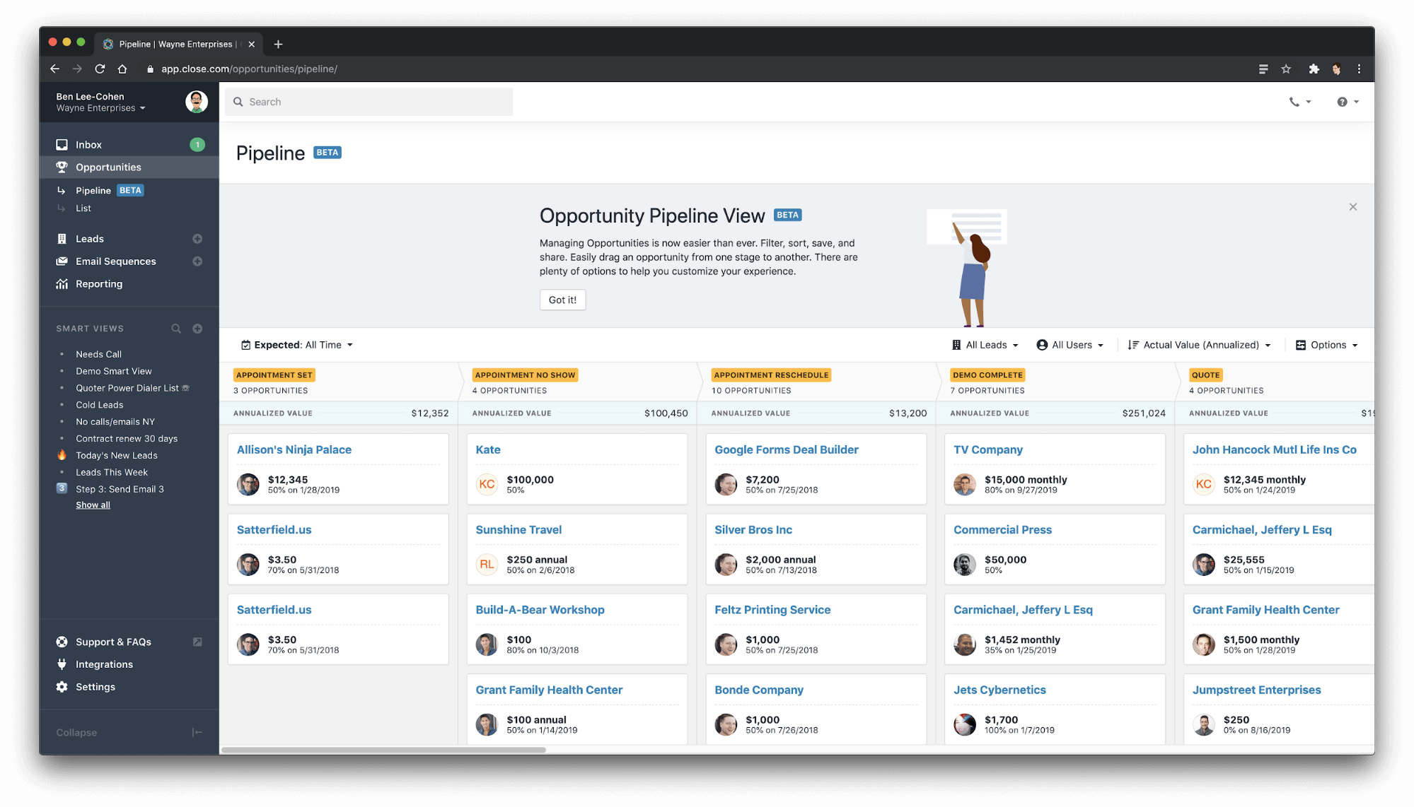CRM opportunity pipeline view displaying sales prospects and details.