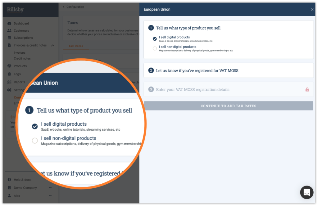 Billbury tax registration process showing product type selection.