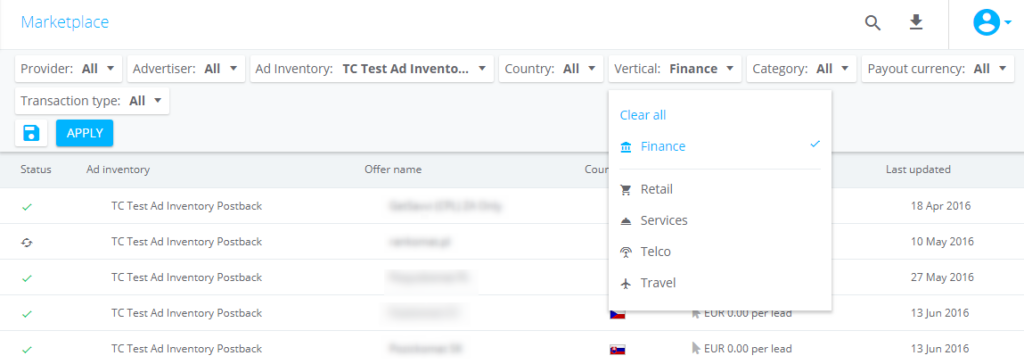 Marketplace dashboard showing ad inventory categories and details.