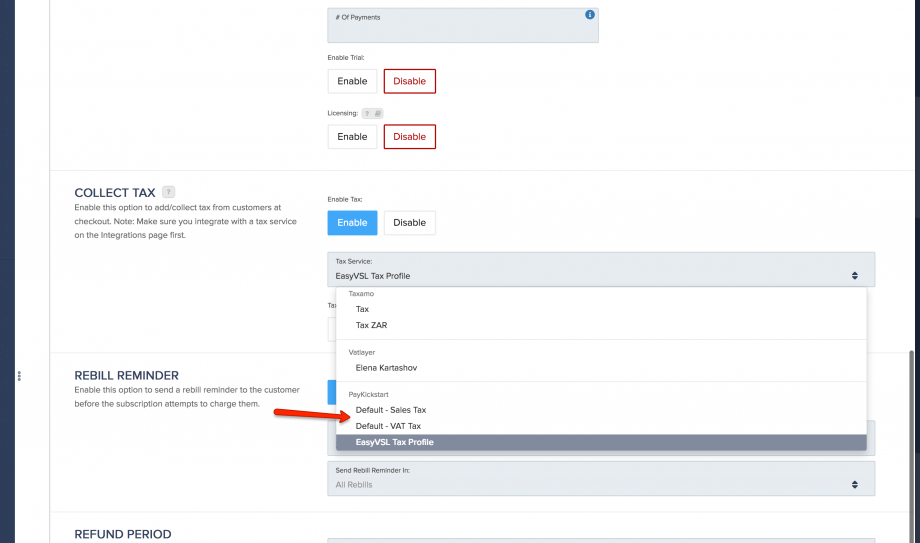 EasyTax configuration settings for sales tax and VAT profiles.