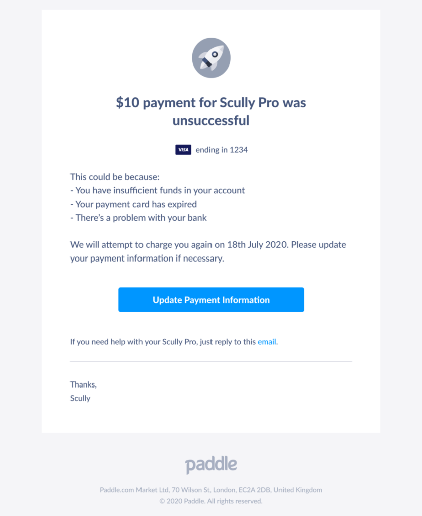Paddle payment failure notification email template.