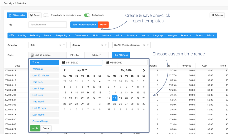 RedTrack campaign statistics showing report template options and date range selection.
