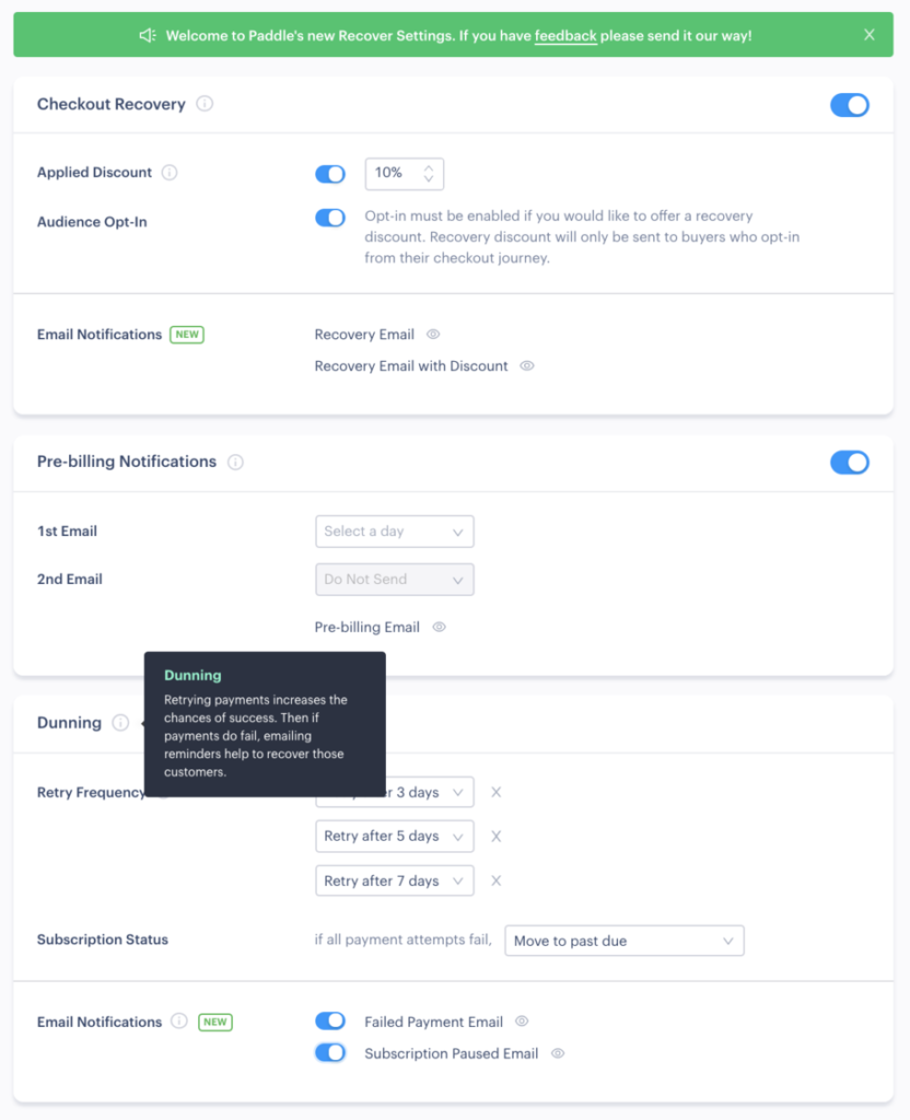 Paddle checkout recovery settings showing applied discounts and pre-billing notifications.