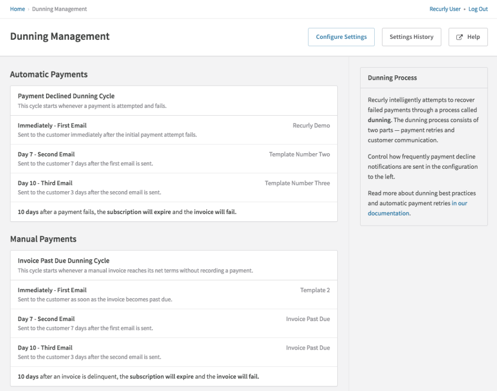 Recurly dunning management settings showing automated payment notifications.
