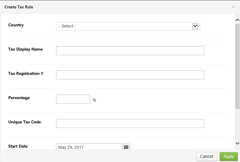 Avalara tax rule configuration showing fields for country, registration number, and percentage.