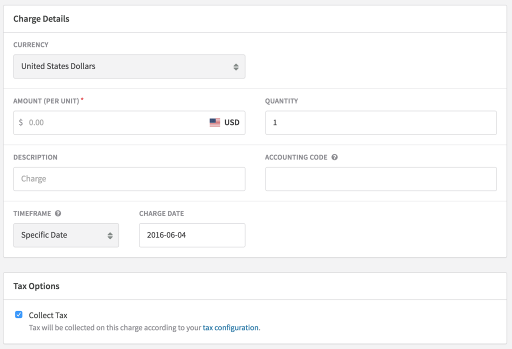 Recurly charge details interface showing tax collection options.