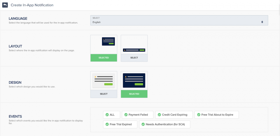 ActiveCampaign in-app notification settings for payment-related events.