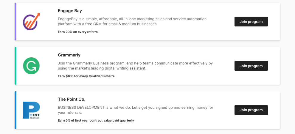 PartnerStack program overview with details for Engage Bay, Grammarly, and The Point Co.