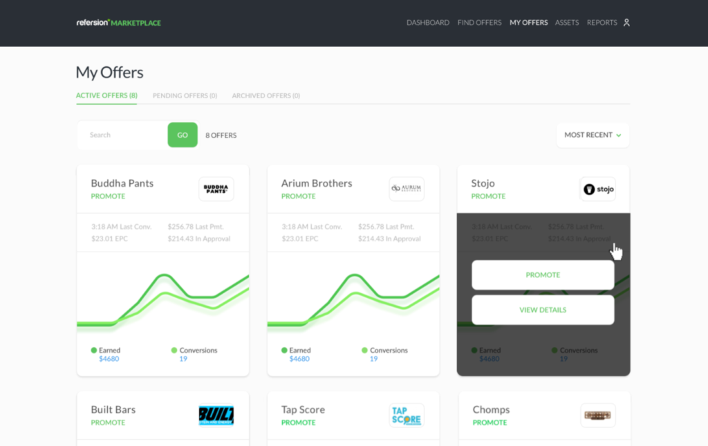 Refersion dashboard showing active offers and conversions metrics.