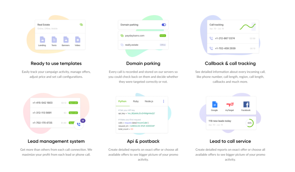rketcall showing various features like lead management, call tracking, and domain parking.
